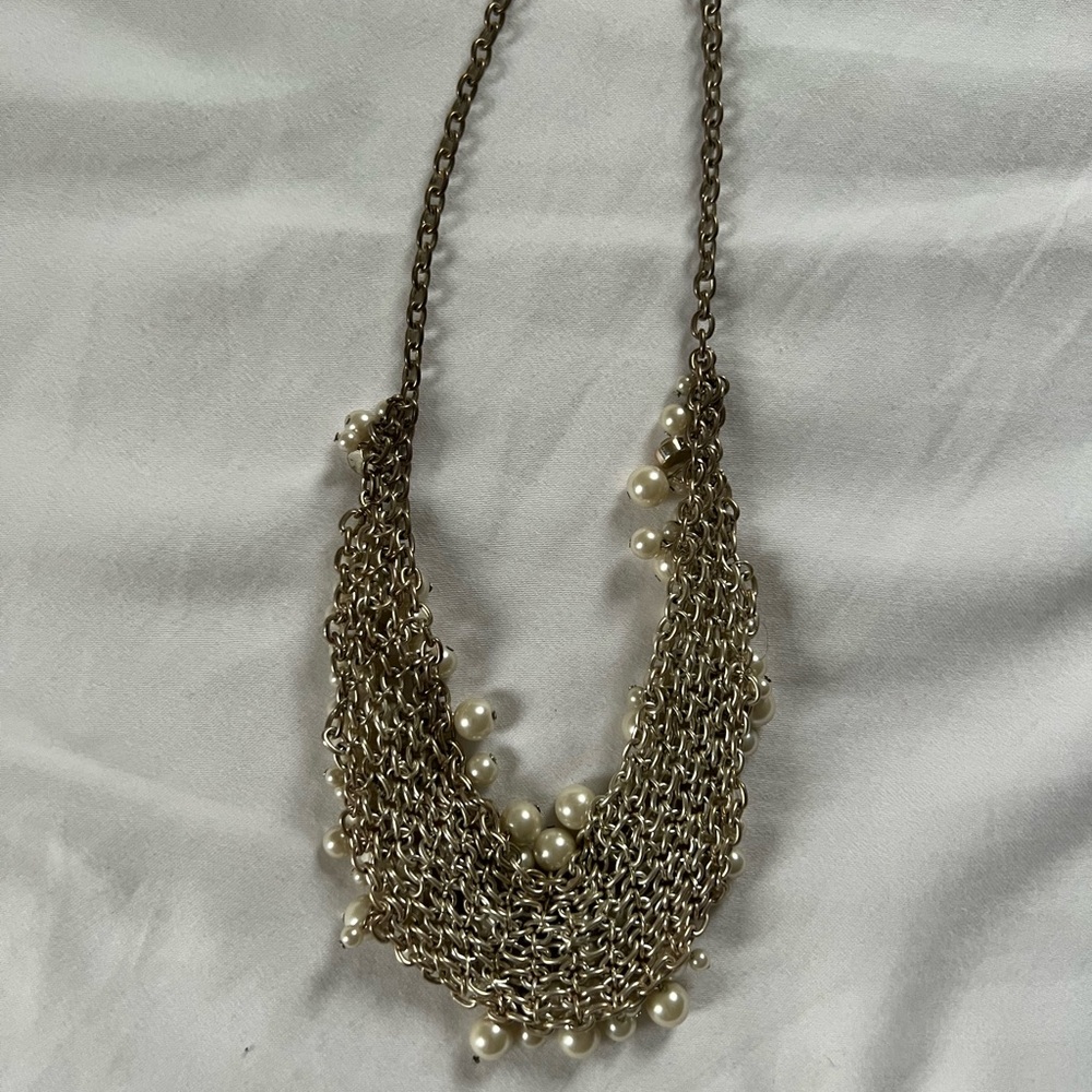 Silver Pearl And Rhinestone Statement Necklace - image 4